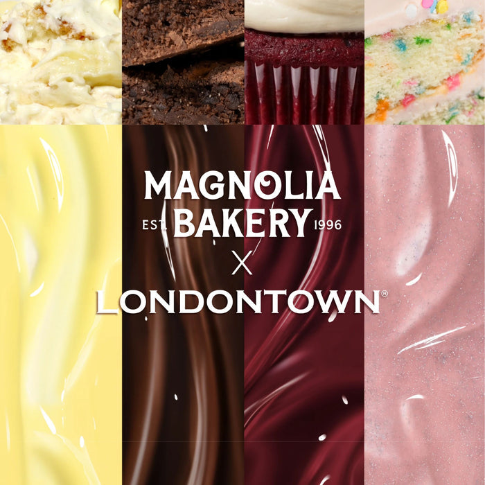 Collage featuring assorted desserts and creamy pastel pink swirls, with “LONDONTOWN Confetti Cake” and the brand logo displayed in the center, highlighting the launch of their new product.