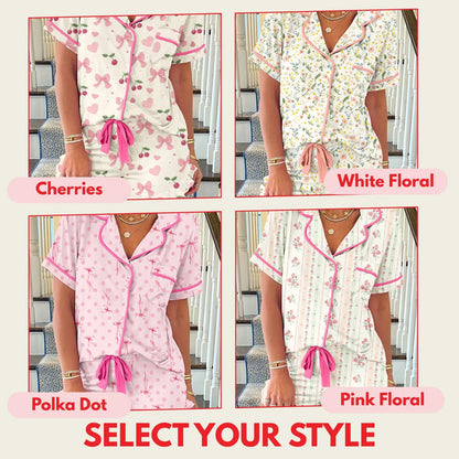 Contrast Piping Cute Pajamas | Cherries, Polka Dot, White Floral, Pink Floral