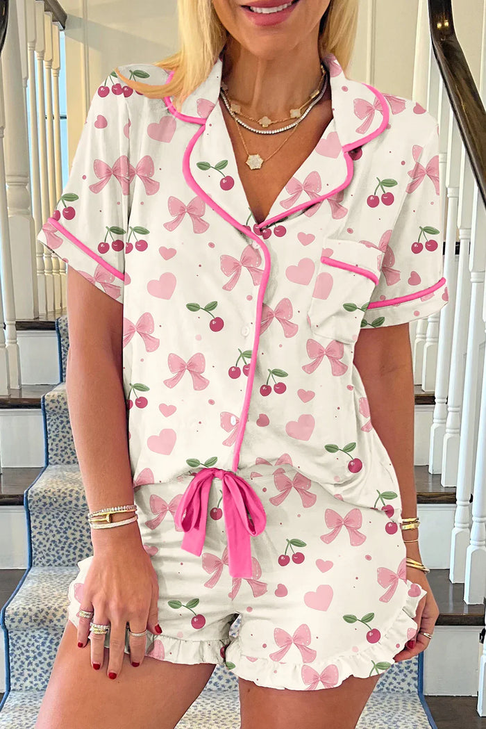 Contrast Piping Cute Pajamas | Cherries, Polka Dot, White Floral, Pink Floral