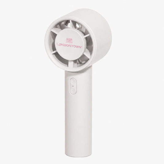 The Cool Set Nail Fan - Cloud by LONDONTOWN is a portable white handheld fan featuring a circular blade guard and an on/off switch on the handle. The brand "LONDONTOWN" appears in pink on the front grill, making it a stylish choice for quickly reducing dry times wherever you go.