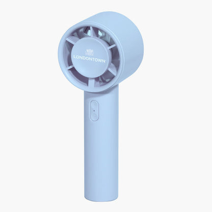 The Cool Set Nail Fan - Ocean by LONDONTOWN is a handheld fan with "LONDONTOWN" printed on the front, featuring a circular grill and an on/off button on the handle—perfect for achieving shorter dry times wherever you go.