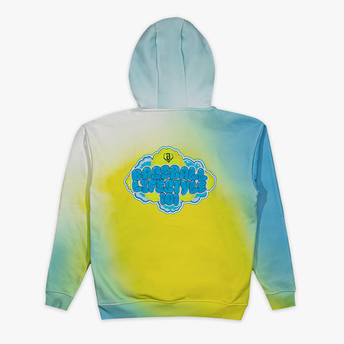 Gradient hoodie with blue and yellow and BL101 logo on a white background