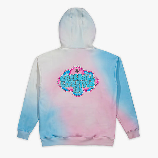 Tie-dye hoodie with 'Baseball Lifestyle 101' colorful graphic on a white background