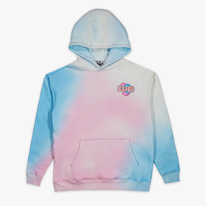 Gradient hoodie transitioning from blue to pink with BL101 logo on a white background