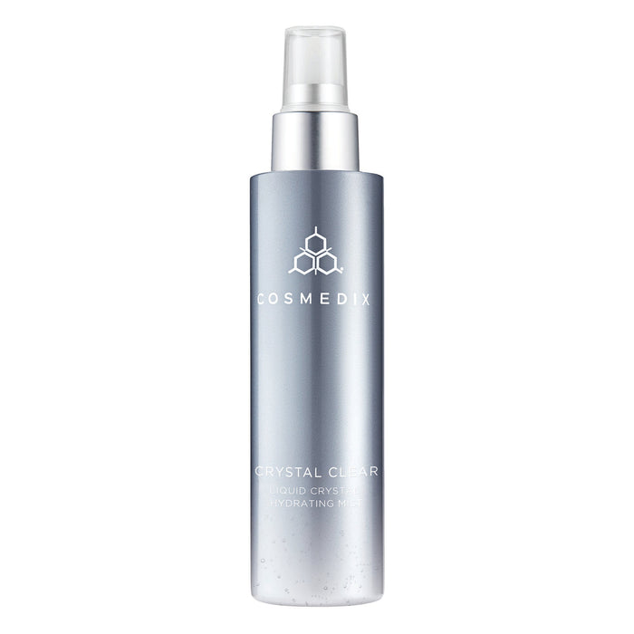 Crystal Clear Liquid Crystal Hydrating Mist spray nozzle on a metallic blue COSMEDIX bottle
