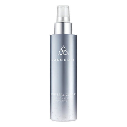 Crystal Clear Liquid Crystal Hydrating Mist spray nozzle on a metallic blue COSMEDIX bottle