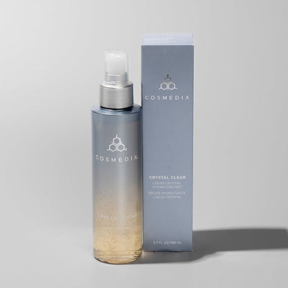 CosMedix Liquid Crystal Hydration Duo bottle beside blue Crystal Cleanse and Crystal Clear box