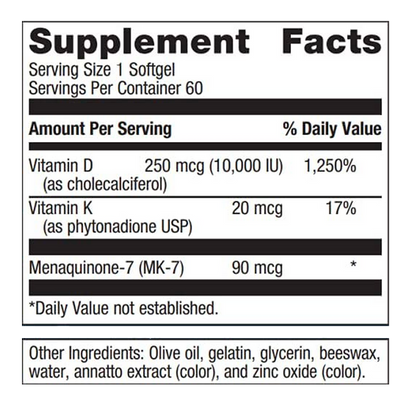 D3 10,000 + K by Metagenics Ingredients Label