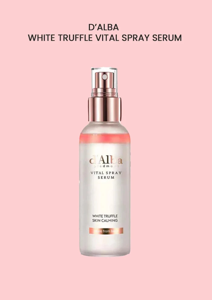 D'Alba White Truffle Vital Spray Serum bottle on a pink background