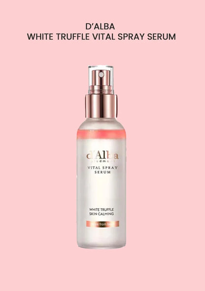 D'Alba White Truffle Vital Spray Serum bottle on a pink background