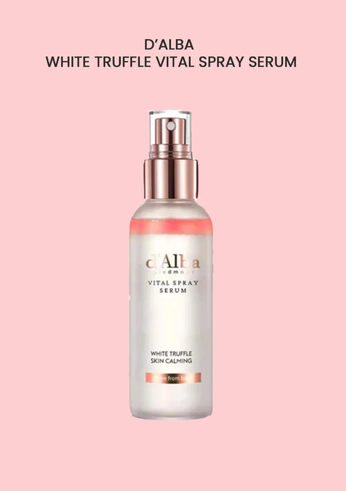 D'Alba White Truffle Vital Spray Serum bottle on a pink background