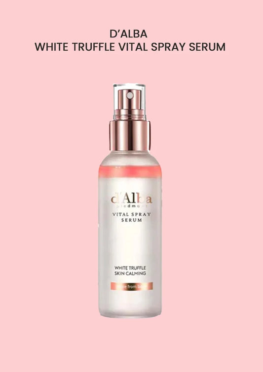 D'Alba White Truffle Vital Spray Serum bottle on a pink background