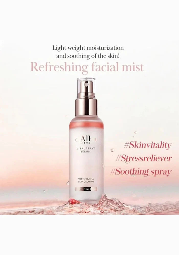 Skincare spray bottle with text on a light pink background
