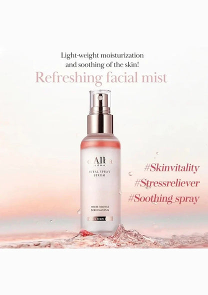 Skincare spray bottle with text on a light pink background