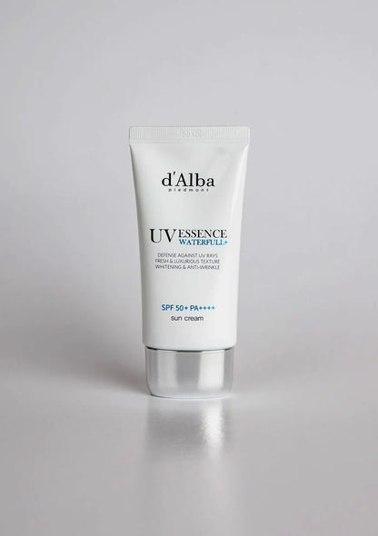 Tube of d'Alba UV Essence Waterfull cream on a white background