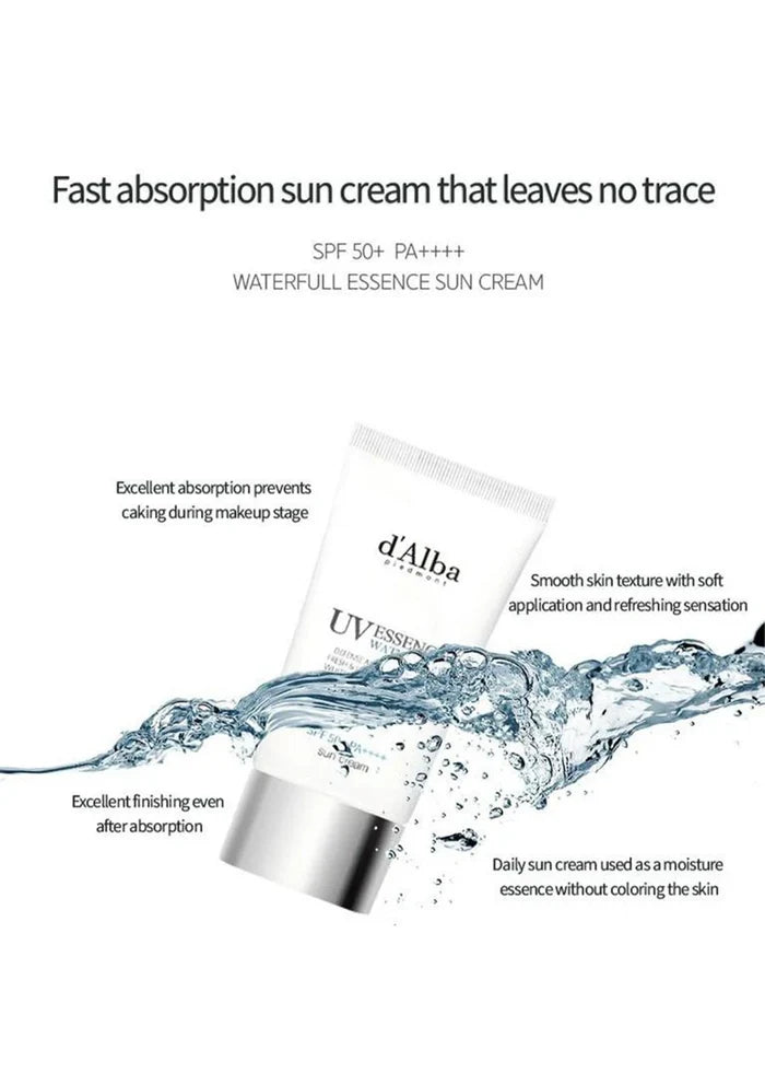 d'Alba waterfull essence sun cream packaging with water splash on a white background