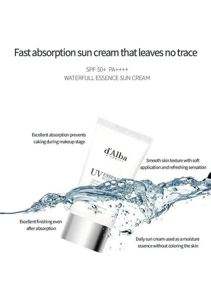 d'Alba waterfull essence sun cream packaging with water splash on a white background