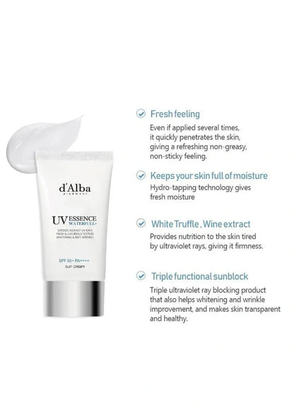 d'Alba UV Essence Moisturizer tube with product features on a white background