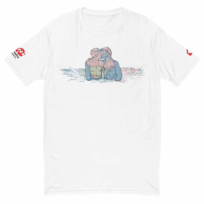 David Wojnarowicz White t-shirt with a graphic of two men embracing on a white background