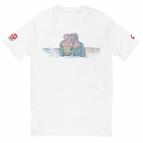 David Wojnarowicz White t-shirt with a graphic of two men embracing on a white background