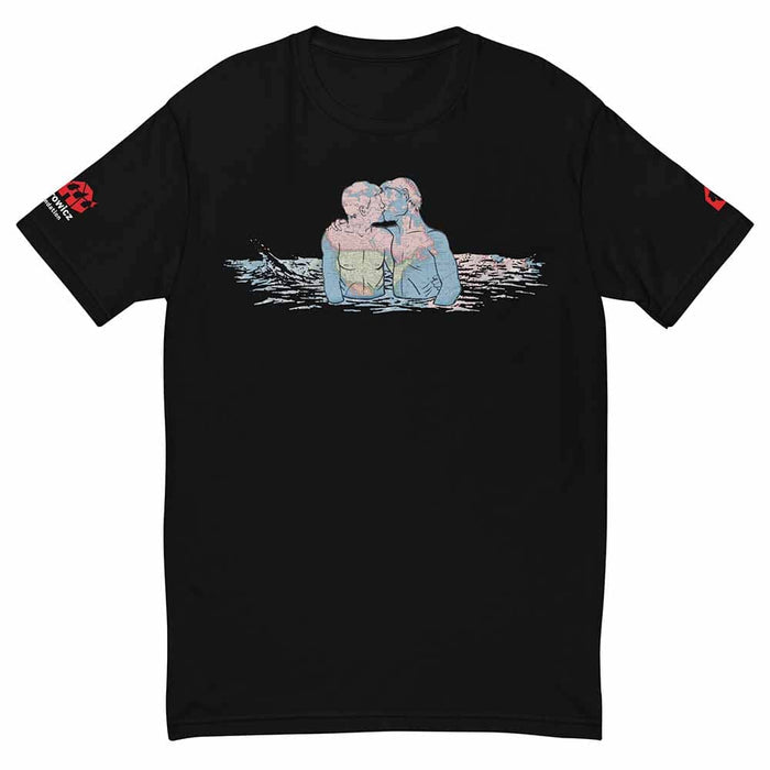 David Wojanarowicz Black t-shirt with a graphic of two people embracing in water on a white background