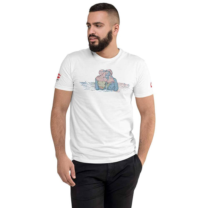 Man wearing a white t-shirt with a David Wojnarowicz indpires graphic design on a white background