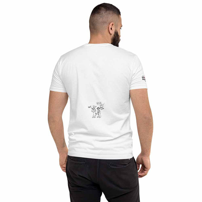 Man wearing a white t-shirt with a logo on the back, standing against a white background