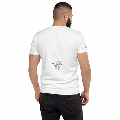 Man wearing a white t-shirt with a logo on the back, standing against a white background