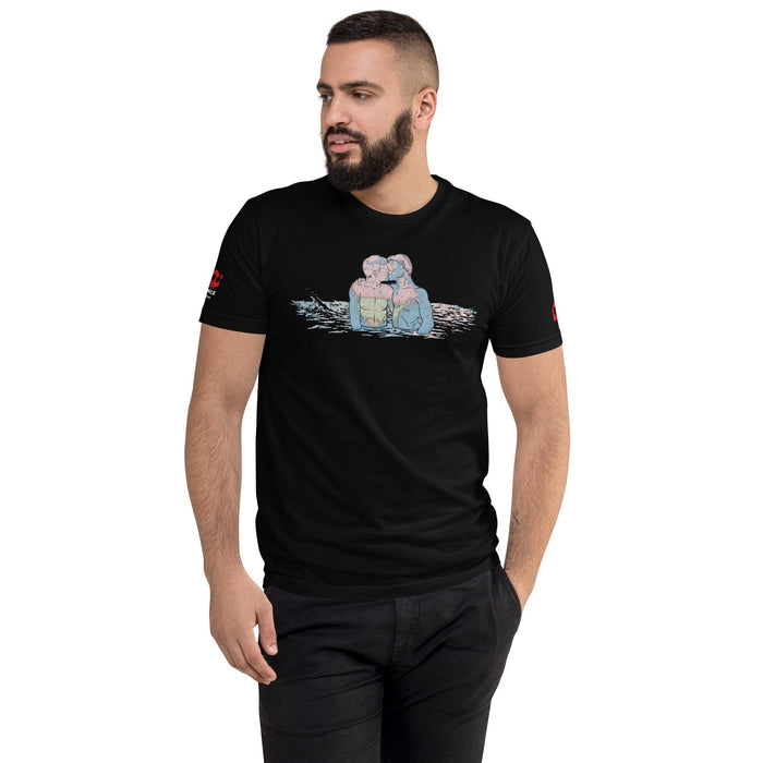 Man wearing a black t-shirt with a David Wojnarowicz inspired graphic design on a white background
