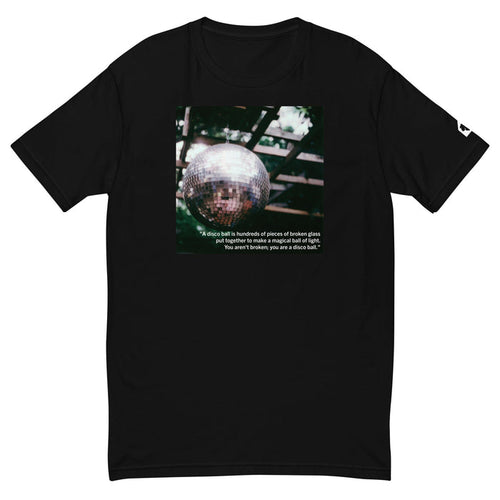 Black t-shirt with a graphic of a disco ball and text on a white background