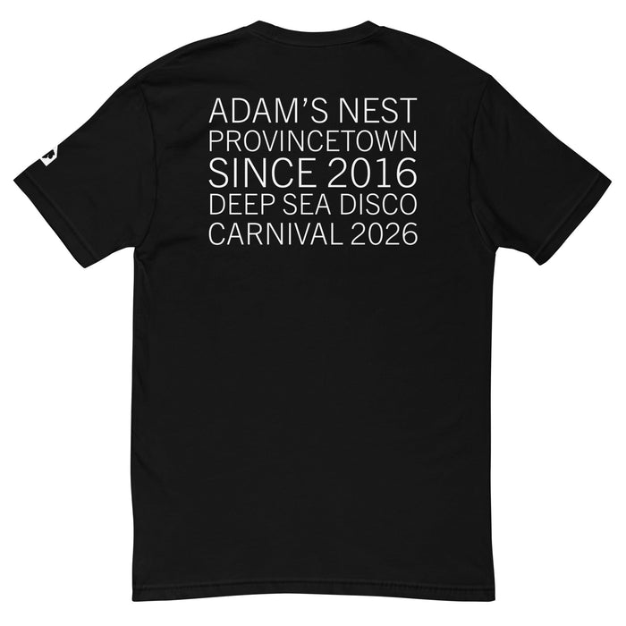 Black t-shirt back with white text on a white background