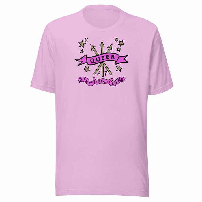 Pink t-shirt with 'Queer' and 'Do Not Tread On Me' graphics on a white background