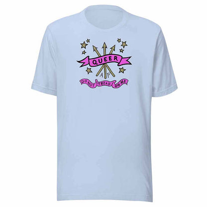 Light blue t-shirt with 'Queer' and 'Do Not Tread On Me' graphics on a white background