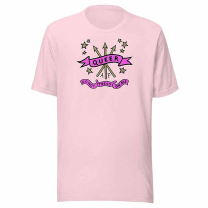 light Pink t-shirt with 'Queer AF' graphic design on a white background
