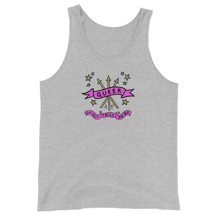 A heather gray tank top featuring a graphic design on the chest with a pink banner reading 'QUEER' and smaller text below, surrounded by gold stars and a central illustration.