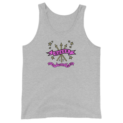 A heather gray tank top featuring a graphic design on the chest with a pink banner reading 'QUEER' and smaller text below, surrounded by gold stars and a central illustration.