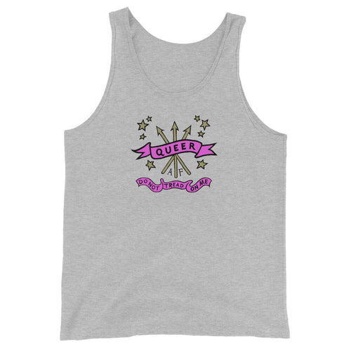 A heather gray tank top featuring a graphic design on the chest with a pink banner reading 'QUEER' and smaller text below, surrounded by gold stars and a central illustration.