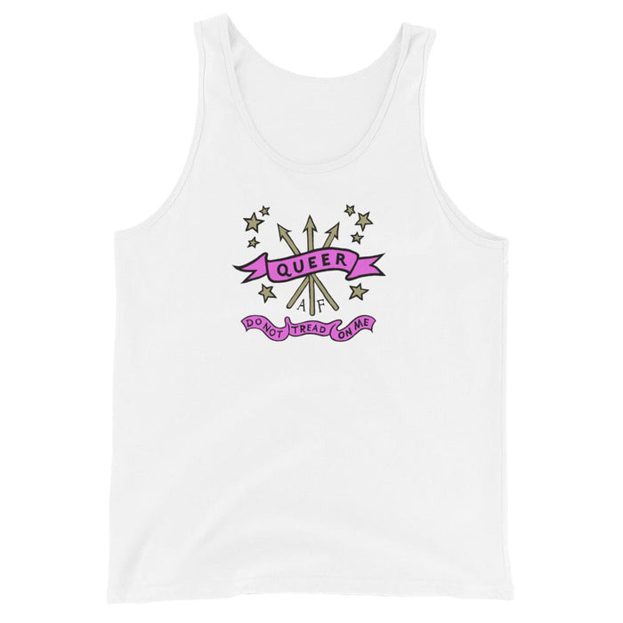 A white sleeveless tank top with a graphic on the chest featuring a pink banner that reads 'QUEER' and 'DO/READ LOVE' with gold stars and arrows.