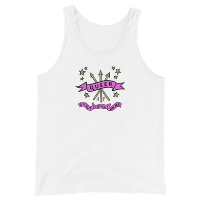 A white sleeveless tank top with a graphic on the chest featuring a pink banner that reads 'QUEER' and 'DO/READ LOVE' with gold stars and arrows.