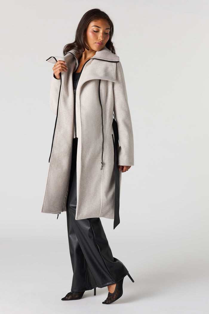 Double Collared Belted Zip-Up Coat