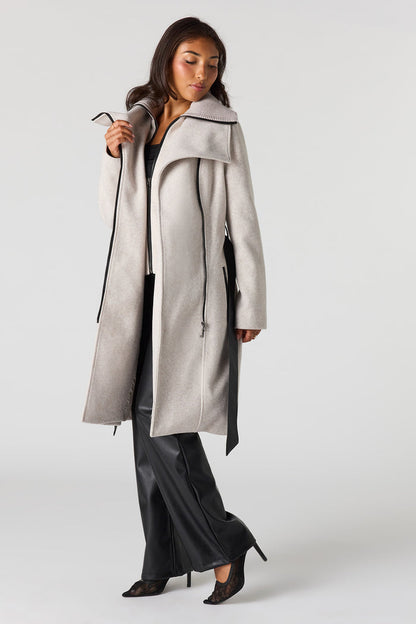 Double Collared Belted Zip-Up Coat