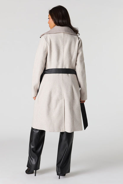 Double Collared Belted Zip-Up Coat