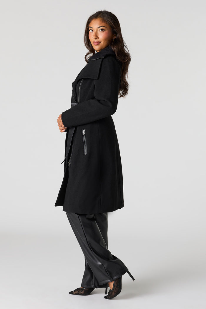 Double Collared Belted Zip-Up Coat