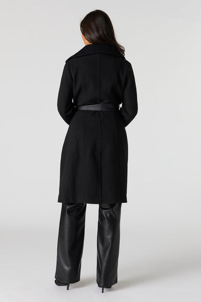 Double Collared Belted Zip-Up Coat