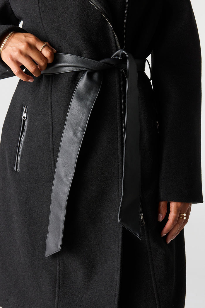 Double Collared Belted Zip-Up Coat