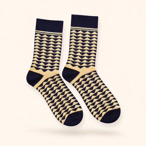 Navy and cream geometric patterned crew socks with ribbed cuffs and contrast toes