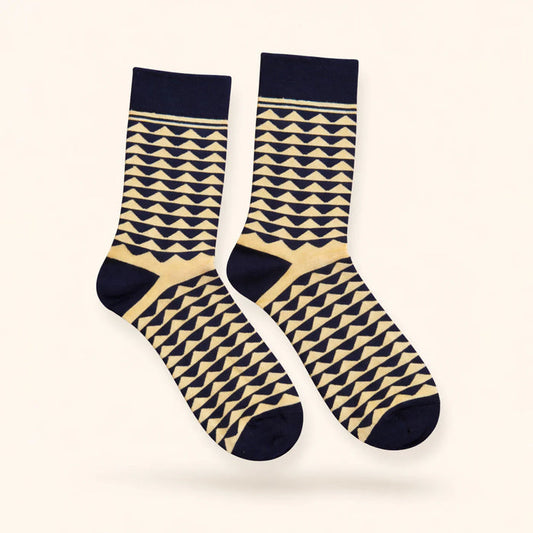 Navy and cream geometric patterned crew socks with ribbed cuffs and contrast toes