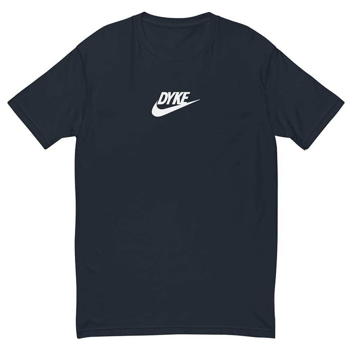 Navy t-shirt with 'DYKE' logo on a white background