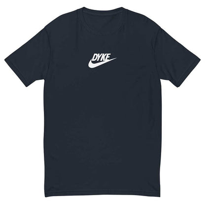 Navy t-shirt with 'DYKE' logo on a white background