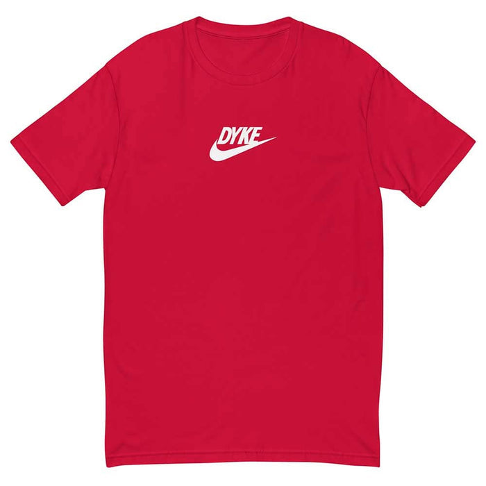 Red t-shirt with 'DYKE' logo on a white background